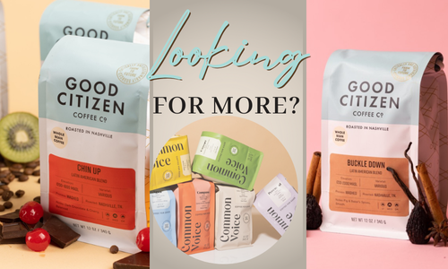 2  photos of Good Citizen coffee bags with a Common voice photo in the middle of the photo showing 6 bags