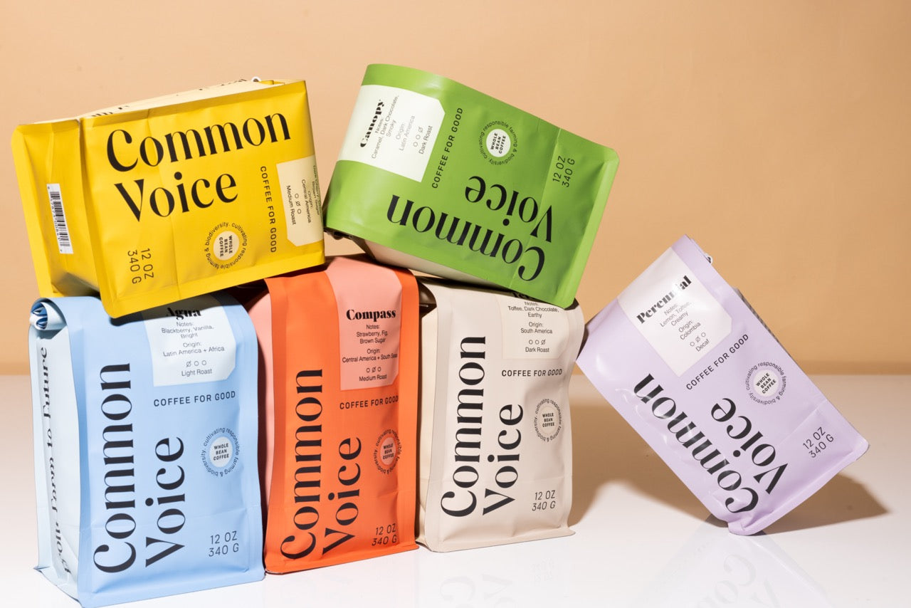 Common Voice coffee bags on an orange background